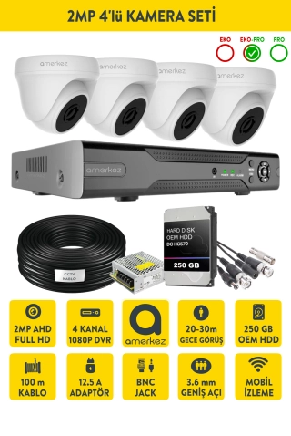 2MP AHD 4'lü Dome Kamera Seti İç Ortam Eksiksiz Full Set DX1