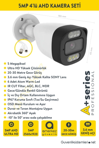 5MP AHD Renkli 4 Kameralı AHD Full Hazır Set | AHD-1006-4