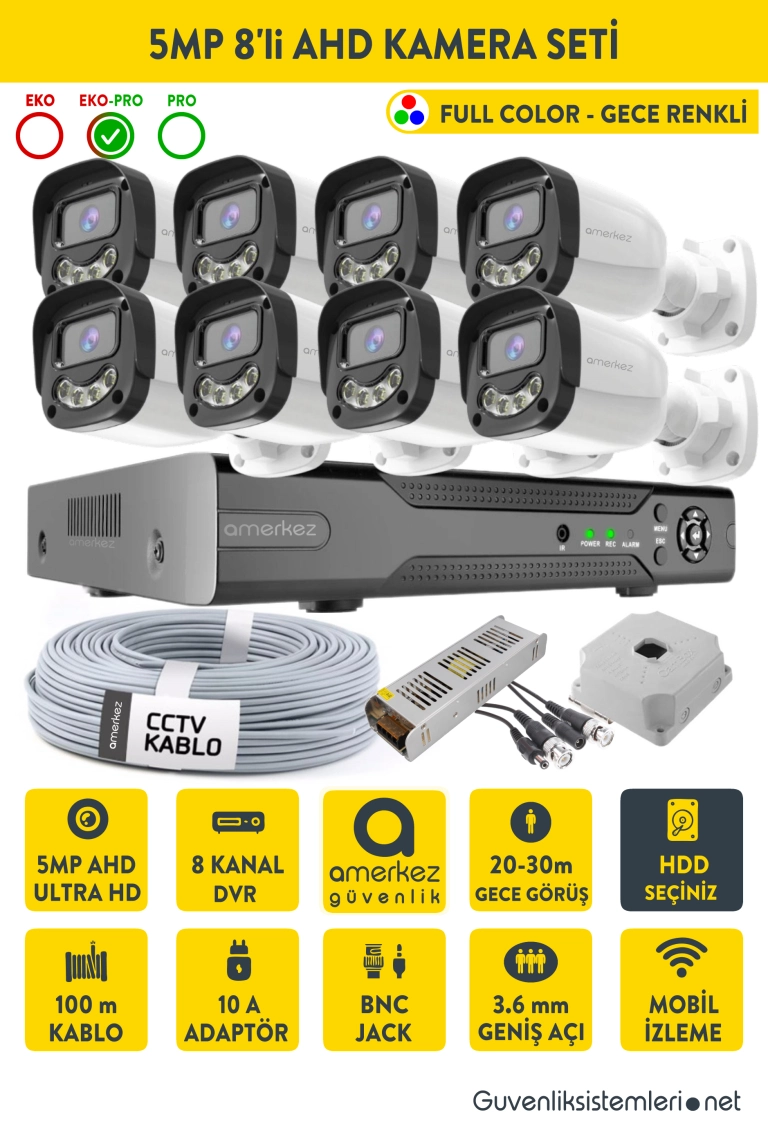 5MP AHD Gece Renkli Full Color 8 Kameralı AHD Full Hazır Set | AHD-1007-8