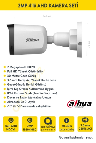 Dahua 2MP 4 Kameralı AHD Full Set DH-HAC-B1A21P-U.XVR1B04-I