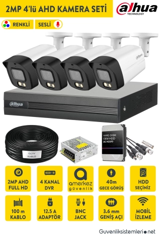 Dahua 2MP 4 Kameralı Sesli ve Renkli Gece Görüş AHD Full Set DH-HAC-HFW1209TLMP-A-LED.XVR1B04-I