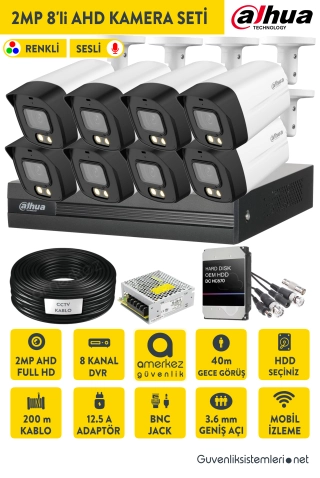 Dahua 2MP 8 Kameralı Sesli ve Renkli Gece Görüş AHD Full Set DH-HAC-HFW1209TLMP-A-LED.XVR1B08-I