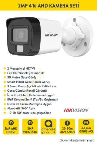 Hikvision 2MP 4 Kameralı AHD Full Set DS-2CE16D0T-EXLPF.DS-7204HGHI-M1C