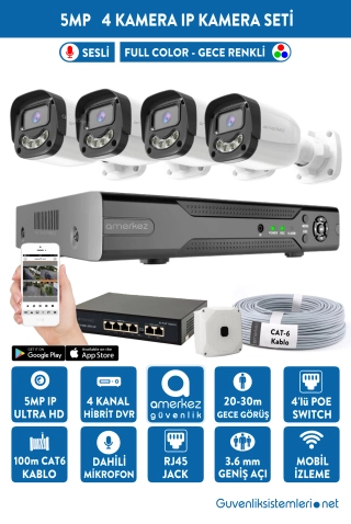 5MP IP Dahili Sesli ve Gece Renkli 4 Kameralı IP Full Hazır Set | IP-1007-4