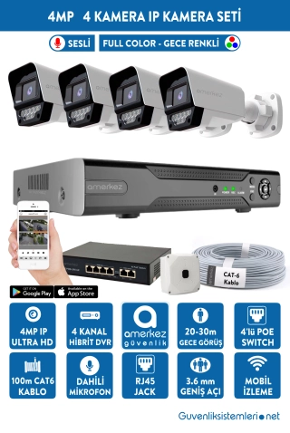 4MP IP Dahili Sesli ve Gece Renkli 4 Kameralı IP Full Hazır Set | IP-1009-4