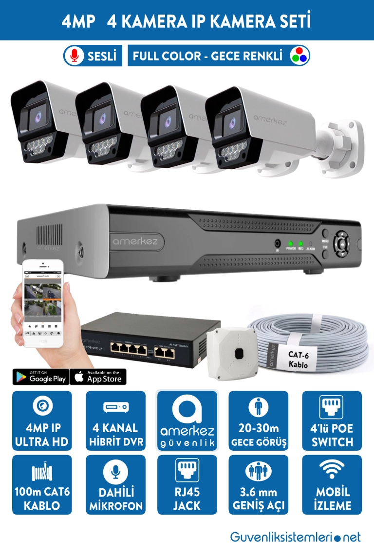 4MP IP Dahili Sesli ve Gece Renkli 4 Kameralı IP Full Hazır Set | IP-1009-4