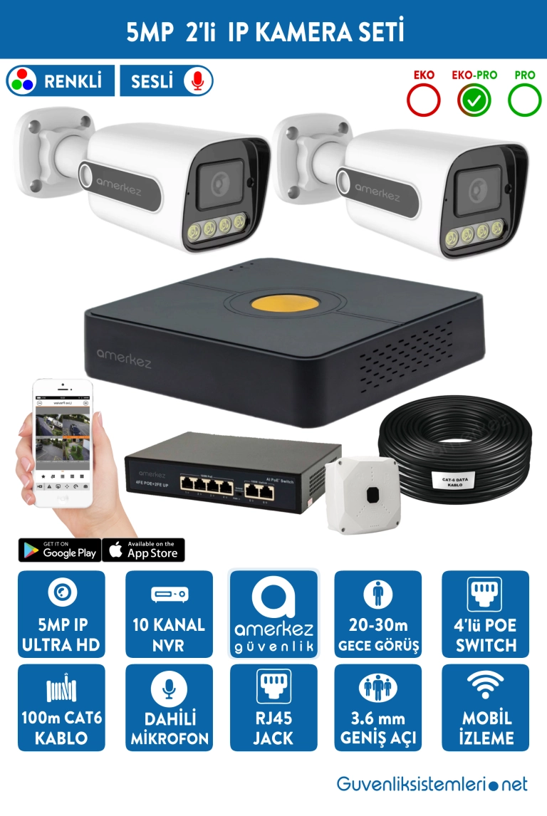 5MP IP Dahili Sesli ve Renkli 2 Kameralı IP Full Hazır Set | IP-5514-2