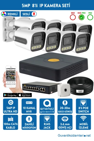 5MP IP Dahili Sesli ve Renkli 8 Kameralı IP Full Hazır Set | IP-5514-8
