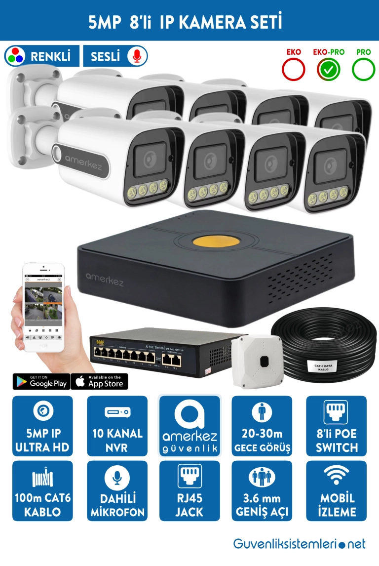 5MP IP Dahili Sesli ve Renkli 8 Kameralı IP Full Hazır Set | IP-5514-8