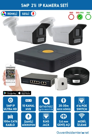 5MP IP Dahili Sesli ve Renkli 2 Kameralı IP Full Hazır Set | IP-5525-2