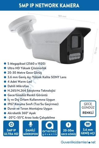 5MP IP Dahili Sesli ve Renkli 8 Kameralı IP Full Hazır Set | IP-5525-8