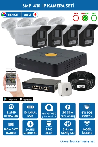 5MP IP Dahili Sesli ve Renkli 4 Kameralı IP Full Hazır Set | IP-5525-4