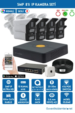 5MP IP Dahili Sesli ve Renkli 8 Kameralı IP Full Hazır Set | IP-5525-8