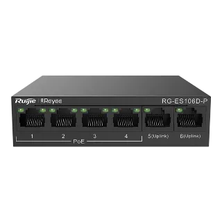 Reyee RG-ES106D-P 6 Portlu, 10/100 Fast Ethernet, Tak Çalıştır Switch, 2 Fast Ethernet Uplink, 4 Port PoE+ (58W)