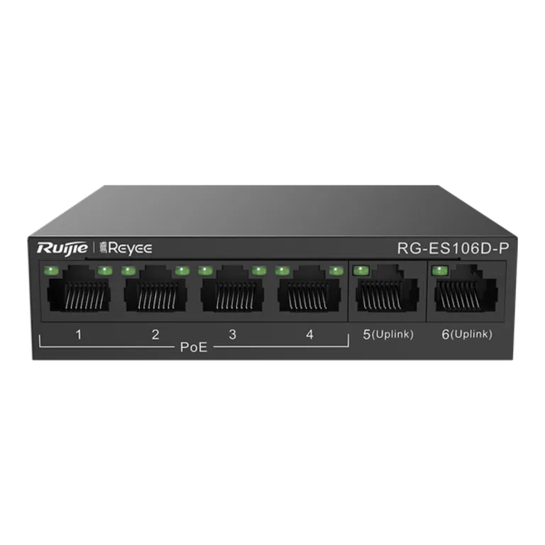 Reyee RG-ES106D-P 6 Portlu, 10/100 Fast Ethernet, Tak Çalıştır Switch, 2 Fast Ethernet Uplink, 4 Port PoE+ (58W)