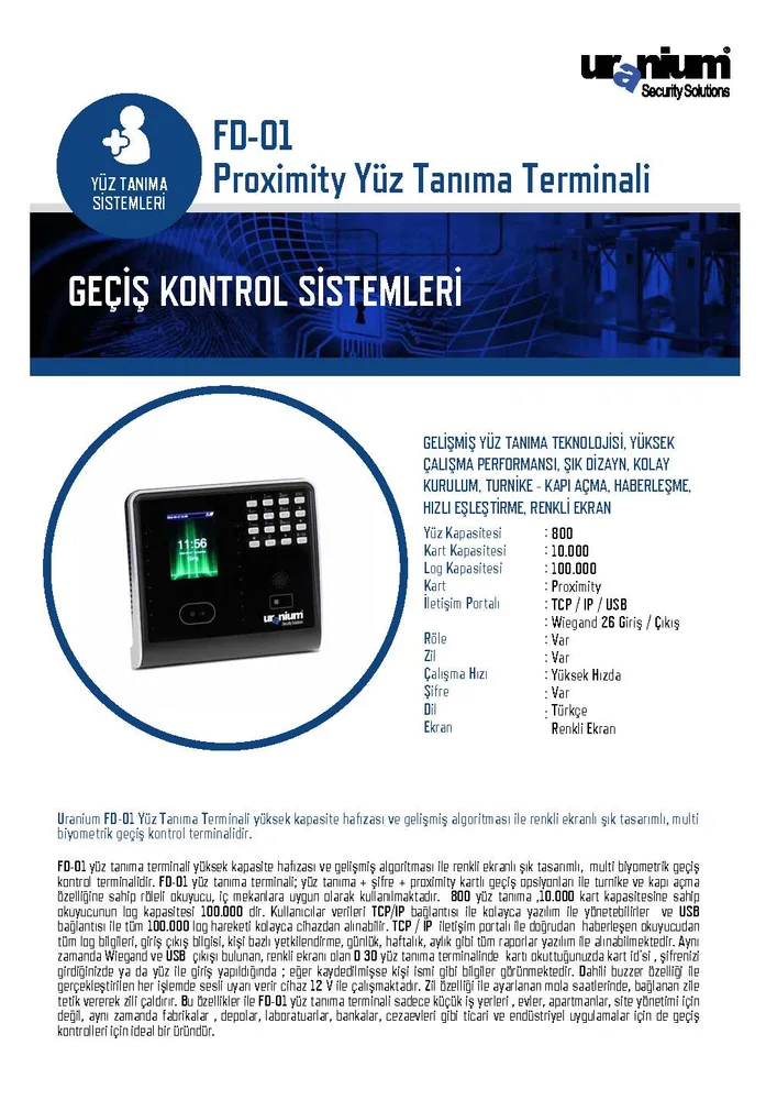 Uranium FD-01 - Yüz tanıma terminalleri